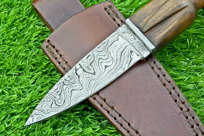9" Handmade Damascus Steel Hunting Dagger – Natural Wood Handle w/ Sheath