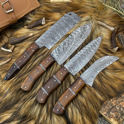 Custom Hand Forged Damascus Steel 4-Piece Kitchen Chef Knife Set with Leather Sheath Roll