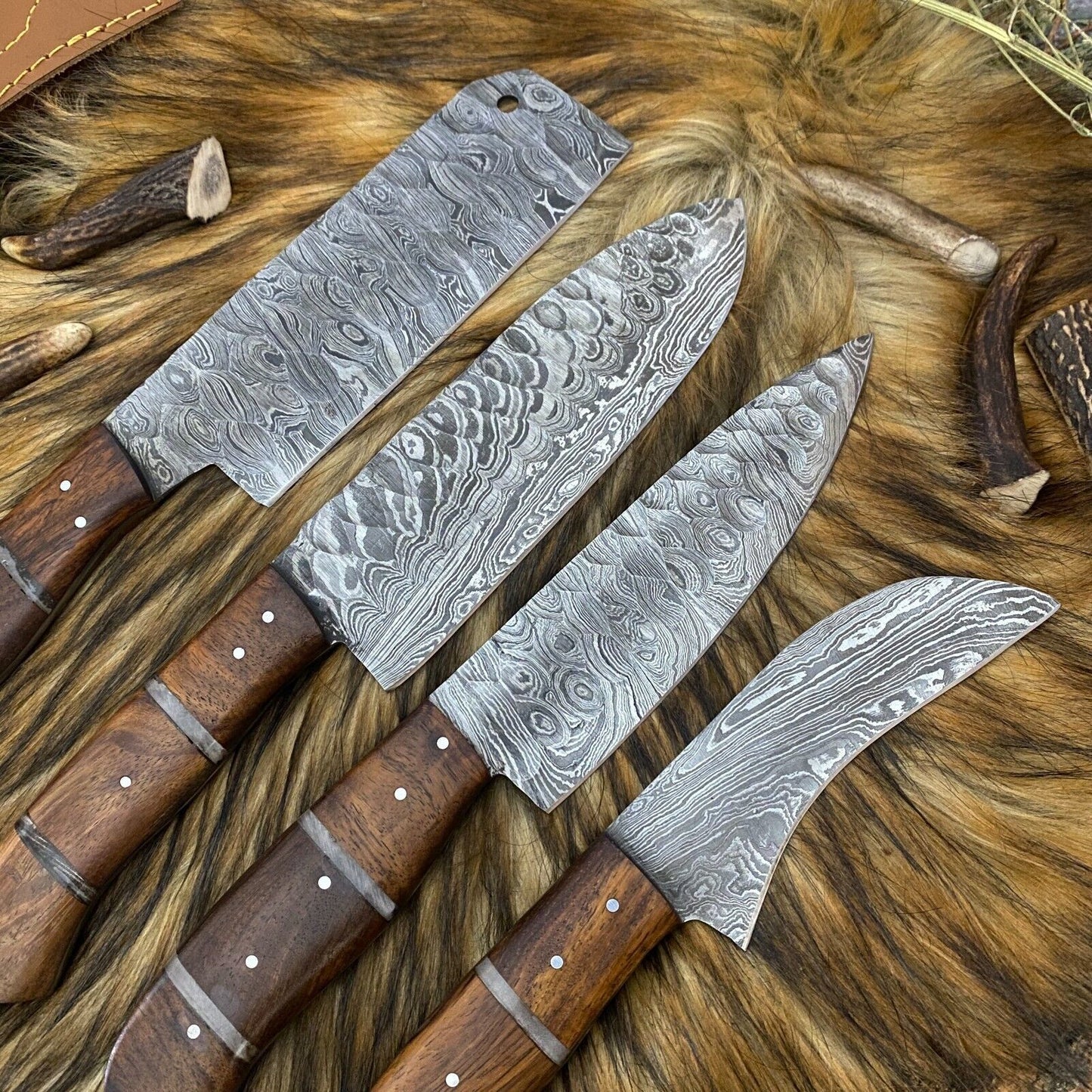 Custom Hand Forged Damascus Steel 4-Piece Kitchen Chef Knife Set with Leather Sheath Roll