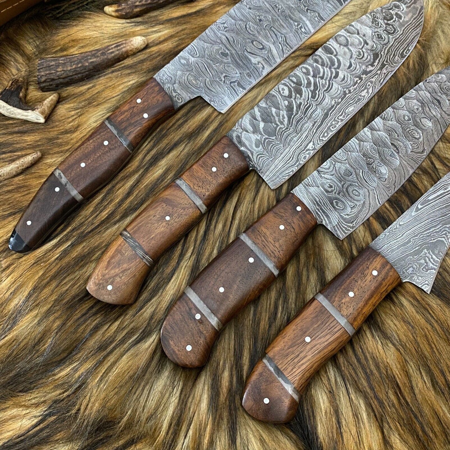 Custom Hand Forged Damascus Steel 4-Piece Kitchen Chef Knife Set with Leather Sheath Roll