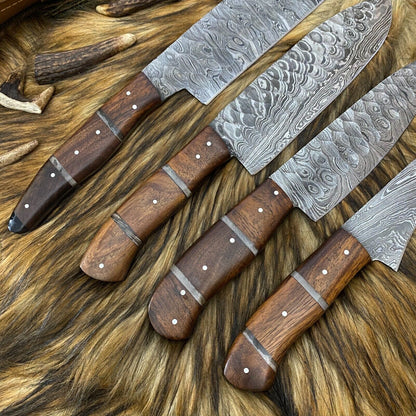 Custom Hand Forged Damascus Steel 4-Piece Kitchen Chef Knife Set with Leather Sheath Roll