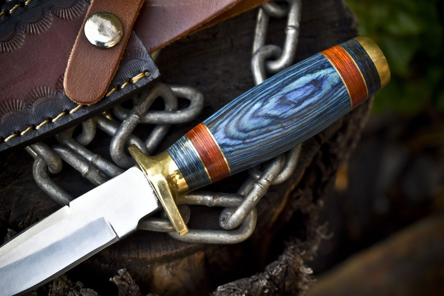 8.0" Custom Hand Forged Skinner Knife 440C Stainless Steel Hardwood Handle Brass Guard with Leather Sheath