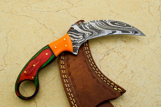 9" Handmade Best Karambit Full Tang Karambit Damascus Steel Hunting Knife With Wood and Resin Handle