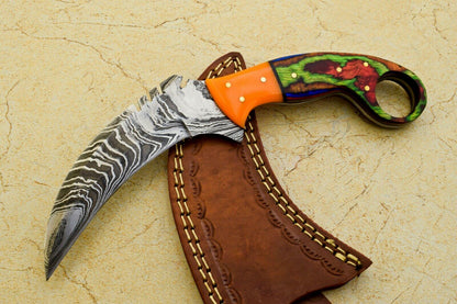 9" Handmade Best Karambit Full Tang Karambit Damascus Steel Hunting Knife With Wood and Resin Handle