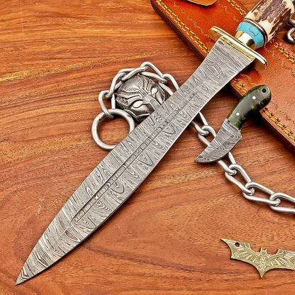 15 Inch Handmade Damascus Steel Hunting Bowie Dagger Knife with Stag Horn Handle