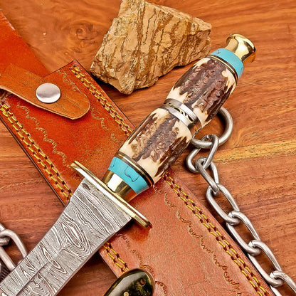 15 Inch Handmade Damascus Steel Hunting Bowie Dagger Knife with Stag Horn Handle