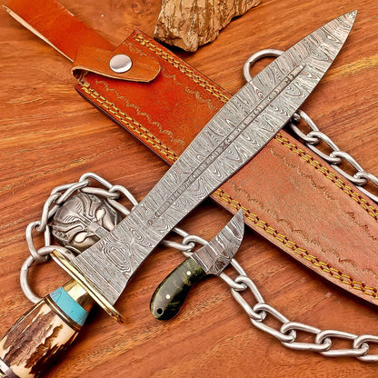 15 Inch Handmade Damascus Steel Hunting Bowie Dagger Knife with Stag Horn Handle