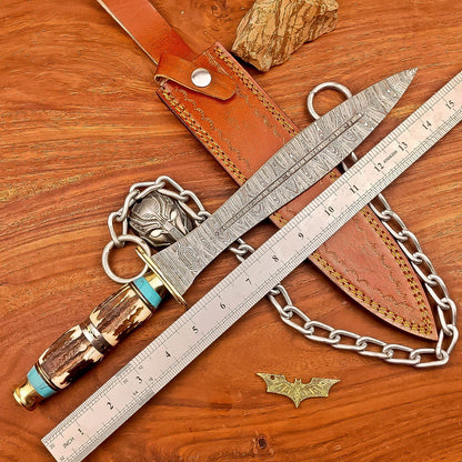 15 Inch Handmade Damascus Steel Hunting Bowie Dagger Knife with Stag Horn Handle