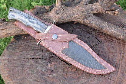 Custom Handmade D2 Steel 12" Bowie Knife with Horizontal Leather Sheath – Hunting & Survival Blade