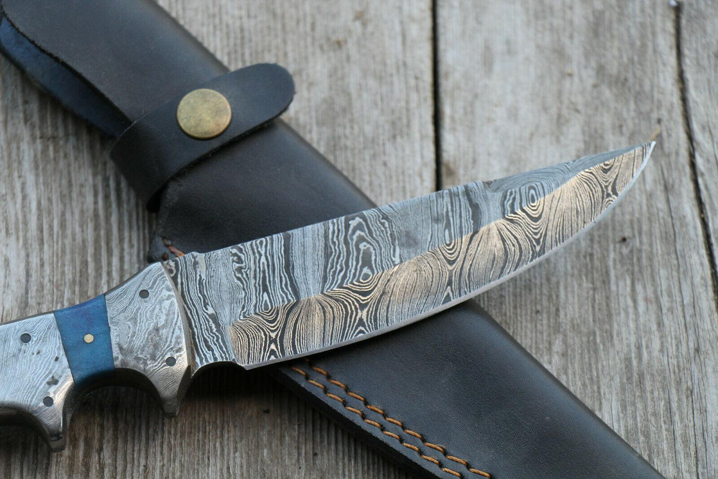 Custom Damascus Steel Bowie Knife – 11" Hunting Blade with Blue Bone Handle