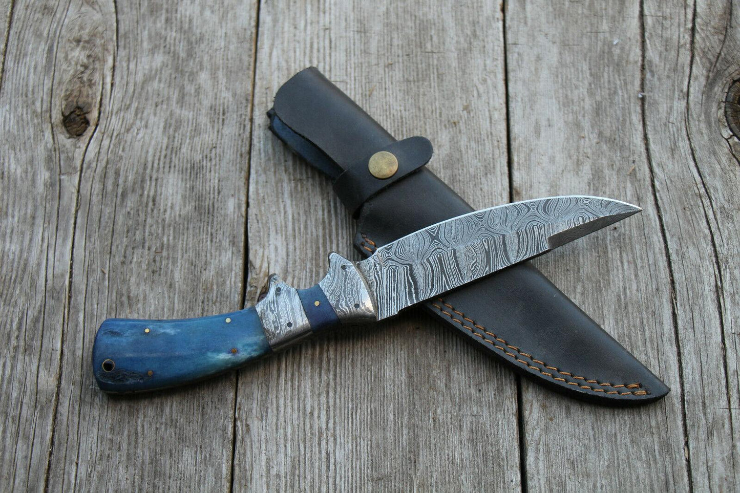 Custom Damascus Steel Bowie Knife – 11" Hunting Blade with Blue Bone Handle
