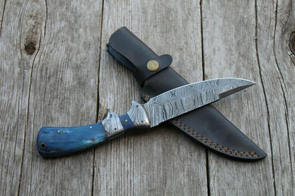 Custom Damascus Steel Bowie Knife – 11" Hunting Blade with Blue Bone Handle