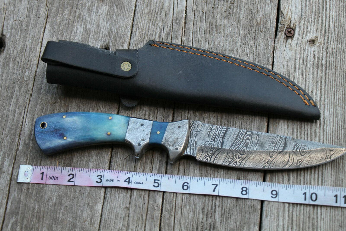 Custom Damascus Steel Bowie Knife – 11" Hunting Blade with Blue Bone Handle