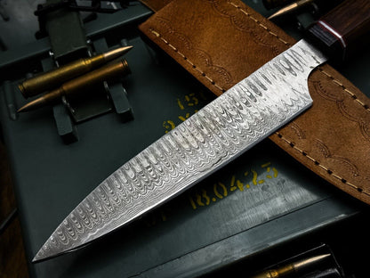 Handmade Damascus Steel Chef Knife – Wooden Handle with Cow Leather Sheath