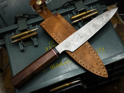 Handmade Damascus Steel Chef Knife – Wooden Handle with Cow Leather Sheath