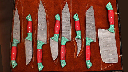 8-Piece Custom Handmade Damascus Forged Steel Chef Knife Set with Sheath