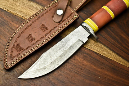 12" Handmade Damascus Steel Hunting Bowie Knife – Camel Bone Handle with Leather Sheath