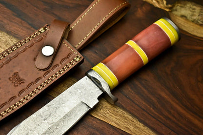 12" Handmade Damascus Steel Hunting Bowie Knife – Camel Bone Handle with Leather Sheath