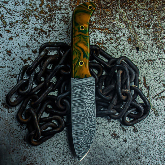 9.5" Custom Damascus Steel Bowie Knife – Resin Handle + Leather Sheath