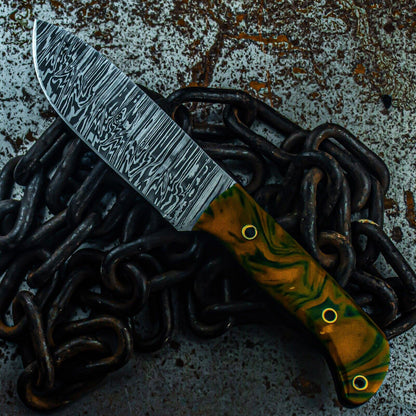 9.5" Custom Damascus Steel Bowie Knife – Resin Handle + Leather Sheath