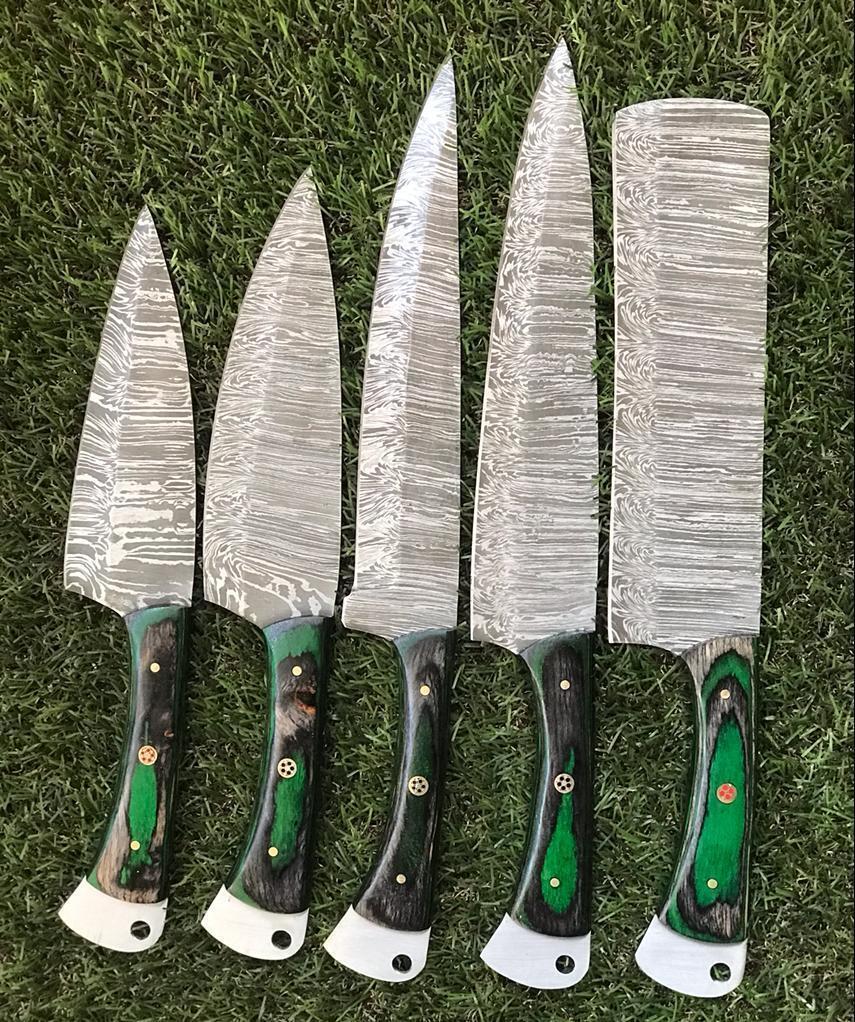9" to 13" Custom Hand-Forged Twist Damascus Steel Chef Knife Set – Pakkawood Handle & Silver Bolster