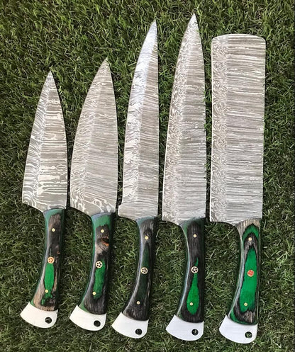 9" to 13" Custom Hand-Forged Twist Damascus Steel Chef Knife Set – Pakkawood Handle & Silver Bolster