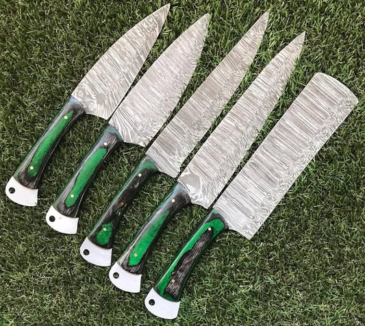 9" to 13" Custom Hand-Forged Twist Damascus Steel Chef Knife Set – Pakkawood Handle & Silver Bolster