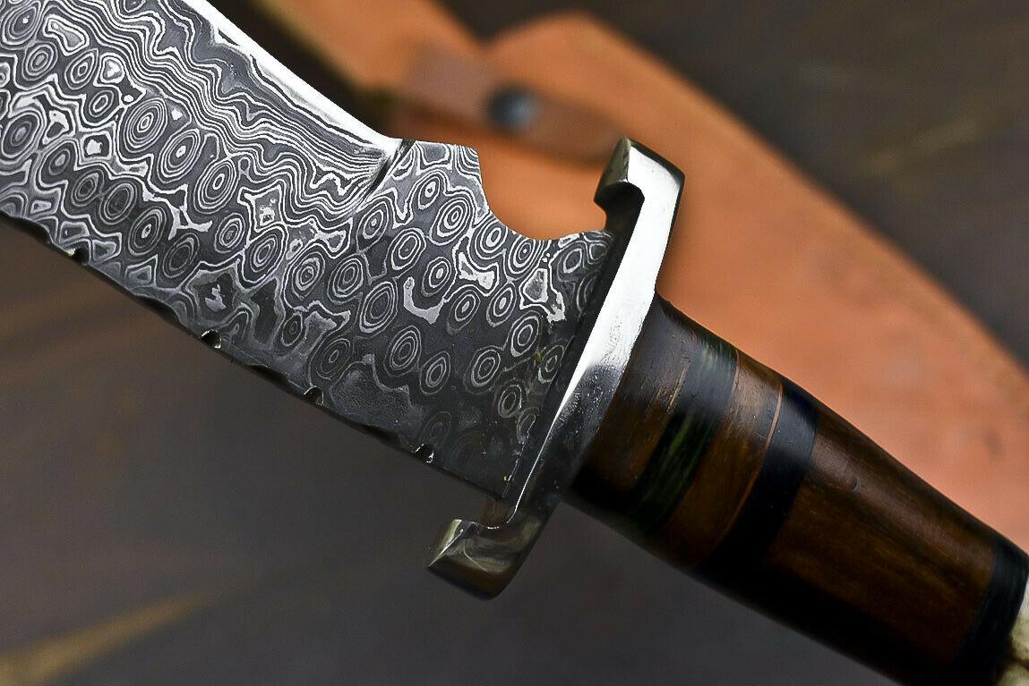 14.8" Damascus Tanto Bowie Knife with Crown Antler Handle Hunting Blade