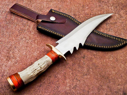 13 Inch Custom Handmade D2 Steel Bowie Hunting Knife with Camel Bone Handle