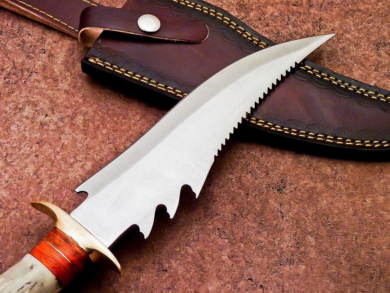 13 Inch Custom Handmade D2 Steel Bowie Hunting Knife with Camel Bone Handle