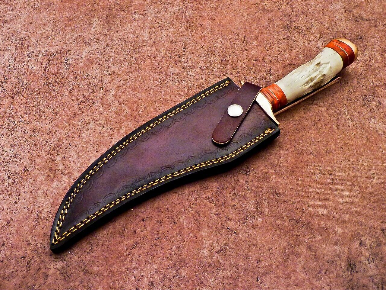 13 Inch Custom Handmade D2 Steel Bowie Hunting Knife with Camel Bone Handle