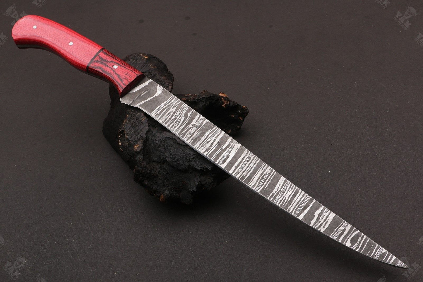 14" Handmade Damascus Fillet Knife Fire Damascus Steel Fillet Knife With Leather Sheath