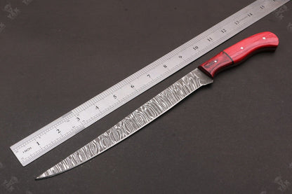 14" Handmade Damascus Fillet Knife Fire Damascus Steel Fillet Knife With Leather Sheath
