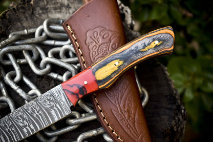 Forged Twist Damascus Skinner Knife with Hardwood Handle and Micarta Bolster – 8.5" Handmade Hunting Knife