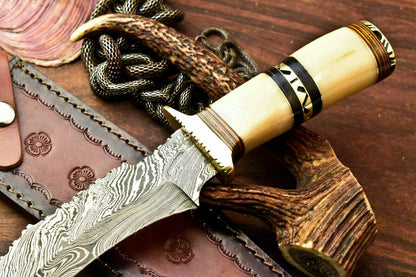 13" Handmade Damascus Bowie Hunting Knife | Stained Camel Bone