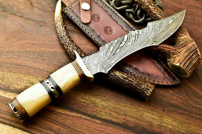 13" Handmade Damascus Bowie Hunting Knife | Stained Camel Bone