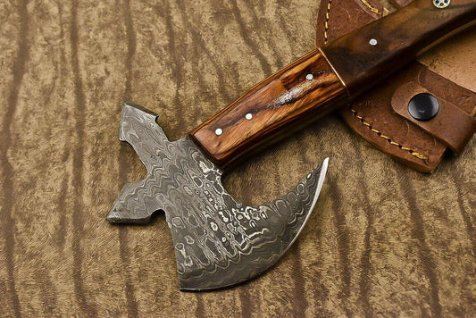 Handmade Damascus Axe Walnut Wood Handle Damascus Steel Axe Clever Chopper Knife with Leather Sheath