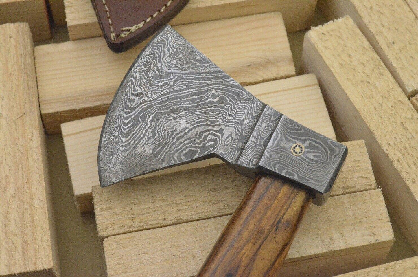 Hand Forged Damascus Steel Tomahawk Axe with Rose Wood Handle and Leather Sheath