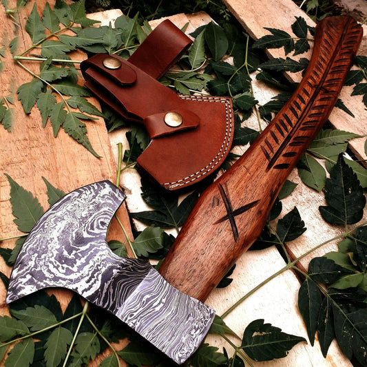 Custom Hand Forged Damascus Steel Viking Axe with Rosewood Handle and Leather Sheath – 14 Inch