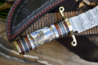 Hand Forged Twist Damascus Bowie Knife with Bone Handle and Brass Guard