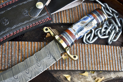 Hand Forged Twist Damascus Bowie Knife with Bone Handle and Brass Guard