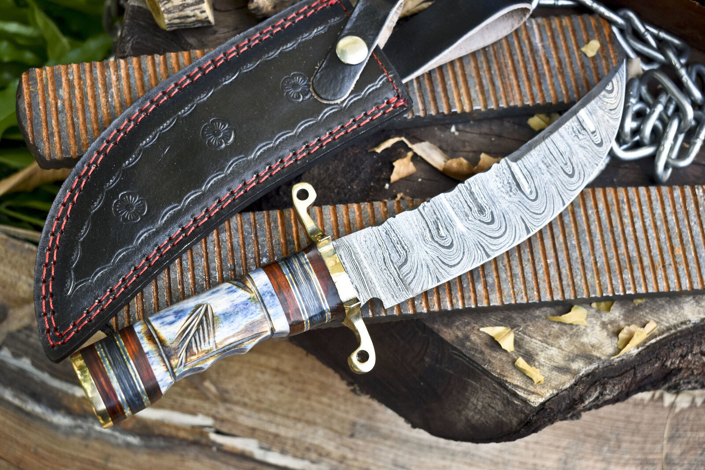 Hand Forged Twist Damascus Bowie Knife with Bone Handle and Brass Guard