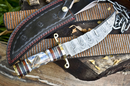 Hand Forged Twist Damascus Bowie Knife with Bone Handle and Brass Guard