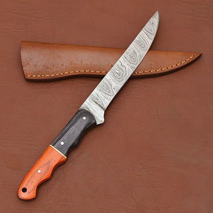 Handmade Damascus Steel Fillet Knife – Kitchen Chef Knife with Wood Handle & Leather Sheath