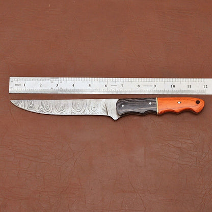 Handmade Damascus Steel Fillet Knife – Kitchen Chef Knife with Wood Handle & Leather Sheath
