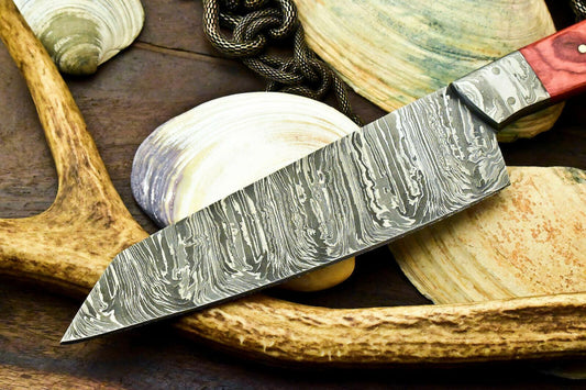 Custom Hand Made Damascus Steel Chef Knife with Hard Wood Handle, Full Tang, 7-Inch Blade, 12-Inch Overall, Oil-Tempered 58-60 HRC, Handcrafted