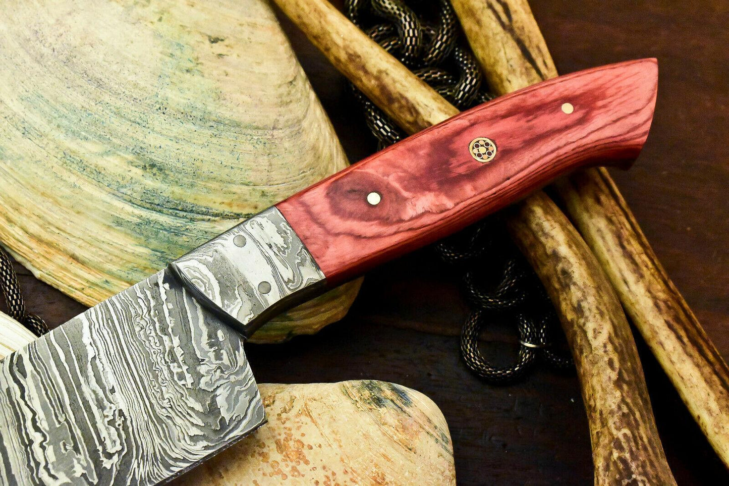 Custom Hand Made Damascus Steel Chef Knife with Hard Wood Handle, Full Tang, 7-Inch Blade, 12-Inch Overall, Oil-Tempered 58-60 HRC, Handcrafted