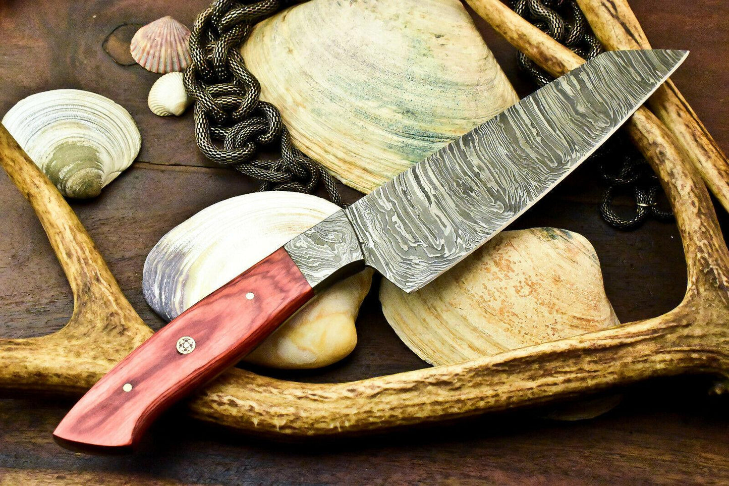 Custom Hand Made Damascus Steel Chef Knife with Hard Wood Handle, Full Tang, 7-Inch Blade, 12-Inch Overall, Oil-Tempered 58-60 HRC, Handcrafted