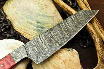 Custom Hand Made Damascus Steel Chef Knife with Hard Wood Handle, Full Tang, 7-Inch Blade, 12-Inch Overall, Oil-Tempered 58-60 HRC, Handcrafted