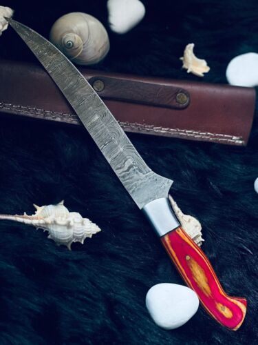 Heritage Forge 12 Inch Twist Damascus Brisket Fillet Knife with Camel Bone and Wood Handle